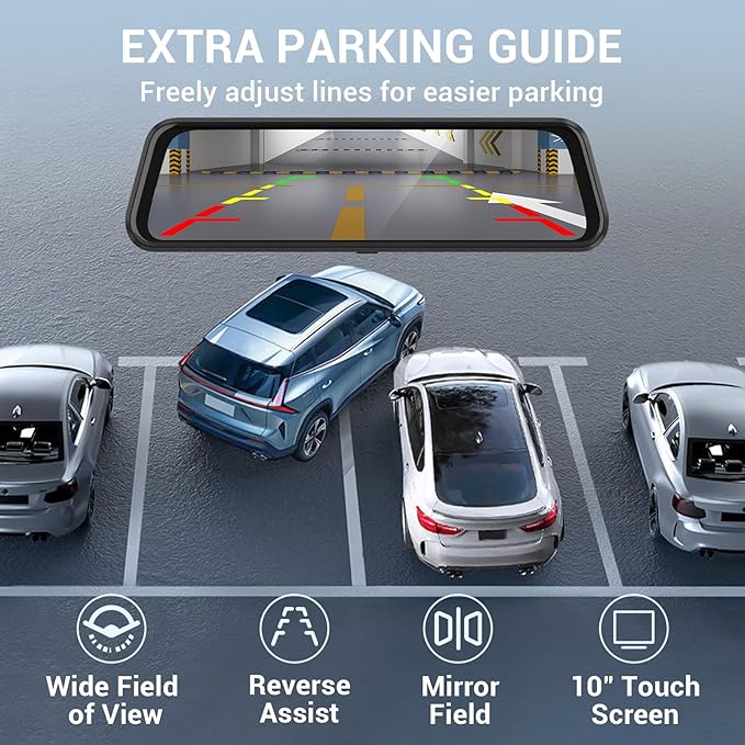 4K Rear View Mirror Camera, 10" Mirror Dash Cam Front and Rear with 64GB Card, Full Touch Screen Dash Cam with 1080P Backup Camera for Car with Reverse Assist,WiFi,APP,Night Vision,Parking Monitor