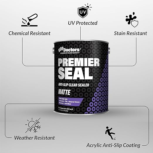 Premier Seal Non-Slip Concrete & Paver Sealer – Clear Anti-Slip Sealant for Pool Decks, Driveways & Garages - Matte Finish
