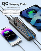 Powered USB 3.0 Hub, Wenter 48W 11-Port USB Hub Splitter (7 Faster Data Transfer Ports+ 4Pcs QC Charging Ports) with Individual LED On/Off Switches, USB Hub 3.0 Powered with Power Adapter