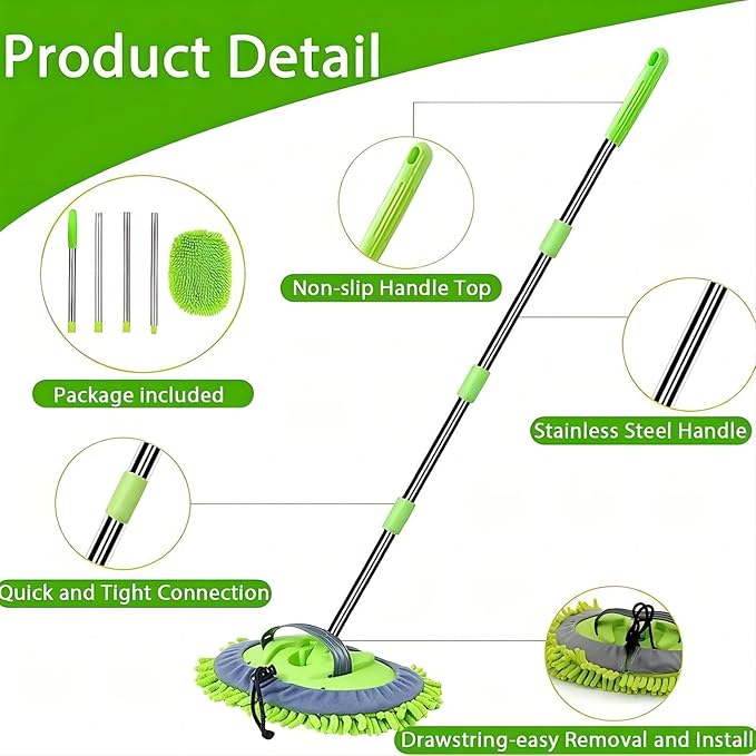 WillingHeart 63" Car Wash Mop Brush Tool Mitt with Long Handle Length More Suitable for Washing Cars Truck, SUV, RV, Trailer, 2 in 1 Chenille Microfiber Duster Not Hurt Paint Scratch Free, Green