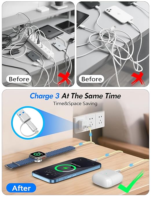 1Pack Multi Charging Cable Cord for Travel Essentials,Apple Watch Charger,iPhone Charger,[3-in-2] Type C/Lightning Cable Portable Designed for iWatch,iPhone 17-8,Galaxy S25-21,AirPods,iPad-4FT Yellow
