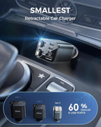 SUPERONE Retractable Car Charger, [Ultra-Compact] 6-Port Car Charger USB C, iPhone Car Chargers Fast Charging with Dual USB C Cables, RV Power Adapter for iPhone 17/16/15/14/13/12 Series