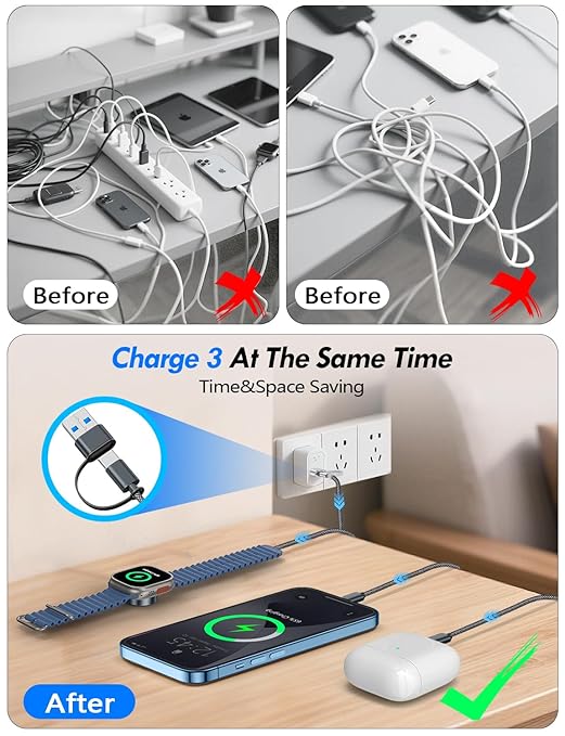 1Pack Multi Charging Cable Cord for Travel Essentials,Apple Watch Charger,iPhone Charger,[3-in-2] Type C/L Cable Portable Designed for iWatch,iPhone 17-8,Galaxy S25-21,AirPods,iPad-4FT Black