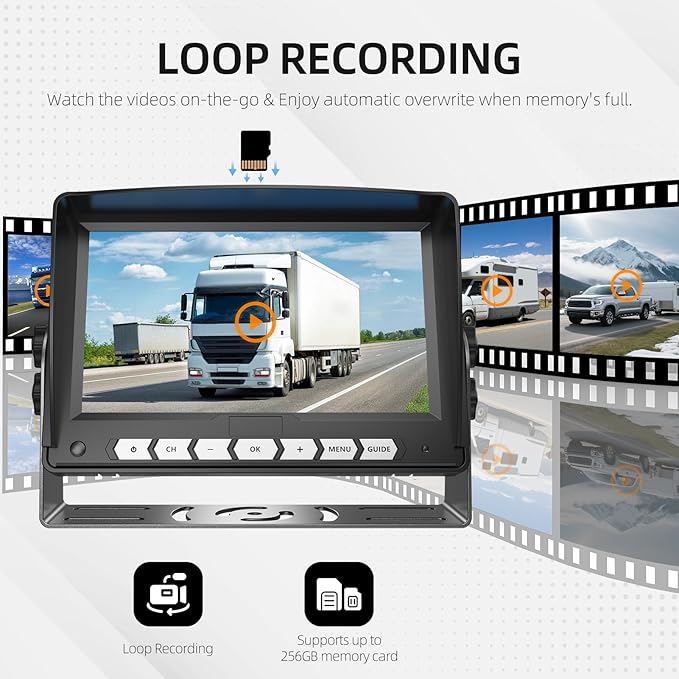 7'' Wired Backup Camera System with DVR Recording, 1080P HD Monitor & IP69 Waterproof RV Rear View Camera, Loop Recording, Split Screen, 12V-24V