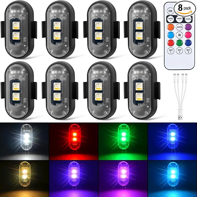 8PCS Wireless LED Strobe Lights with Remote Control, 8 Colors Rechargeable Led Lights Anti-Collision LED Emergency Warning Lights for Car Motorcycle Bike Drone Aircraft