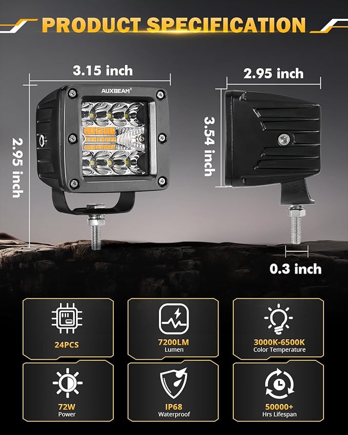 Auxbeam LED Pods 3 Inch 72W Amber Fog Light, 6 Modes Strobe Cube Pod Light Bar Dual Color Yellow Spot Flood Offroad Driving Lights Ditch Lights for Truck Car ATV UTV