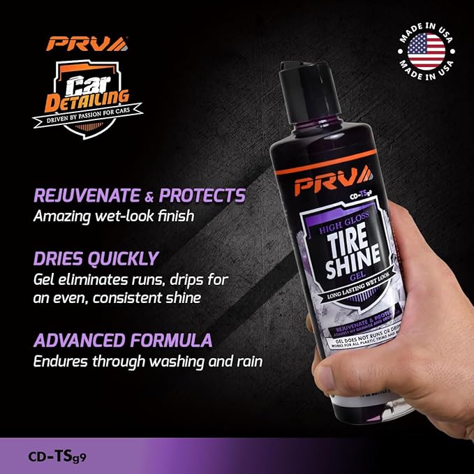 PRV AUDIO Wet Look Gel Tire Shine Dressing | High Gloss Tire, Trim, Plastic & Rubber – Restores Deep Black Shine and Protection | No Sling & Dries Quickly 16 fl oz Kit with Applicator - Grape Scent