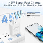 𝟐𝐏𝐚𝐜𝐤 𝟰𝟱𝗪 Dual Port iPhone 17 16 15 Fast Charger, USB C Charging Block and 10ft Type C to C Cable Cord Long for Apple iPhone 17 Pro Max/17 Air/16 Pro/15 Plus/iPad/Air/Mini,Wall Plug Cube Brick