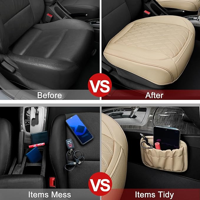 2 Pack Leather Front Car Seat Cover Bottom Car Seat, Anti-Slip and Full Wrap Driver Car Seat Protectors with Storage Pocket, Luxury Waterproof Bottom Auto Seat Cushion for Most Vehicles(Yellow Beige)