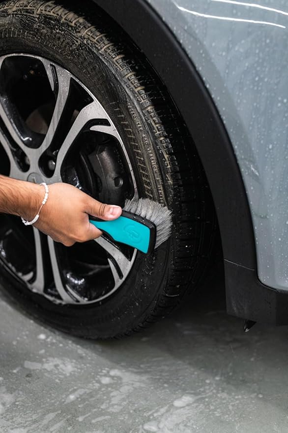 Detail Factory - ProGrip XL Tire Brush - Ergonomic ProGrip Handle - Stiff Synthetic Bristles to Cut Through Grime - Octane Riptide