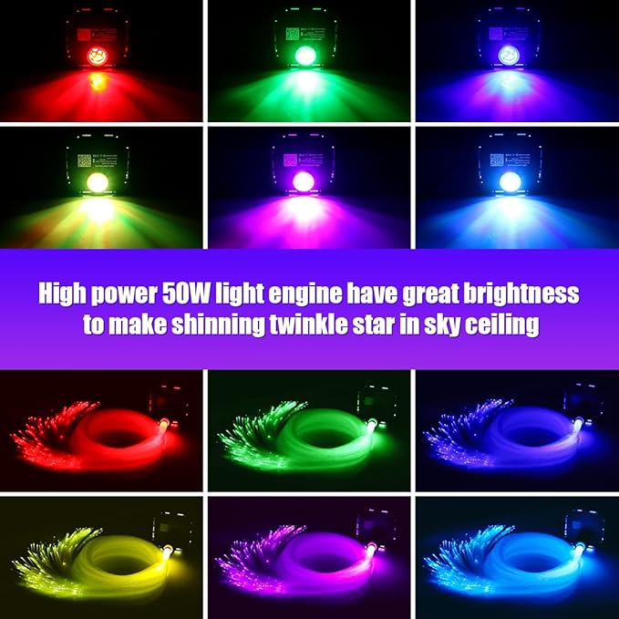 AZIMOM High Brightness 50W Twinkle Fiber Optic Starlight Kits 1200pcs*0.03in*16.4ft End Glow Fiber Strands Sound Activated Bluetooth/APP Remote Control Home Shop Lobby Theater Ceiling Roof Decor