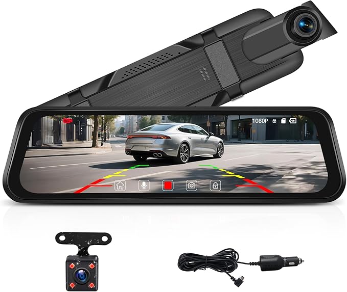CAMECHO Mirror Dash Cam, 9.66" 1080P FHD IPS Touch Screen Rear View Mirror Camera, Front and Backup Camera for Cars, Dashcam Night Vision, Loop Recording, Wide Angle, Parking Assistance