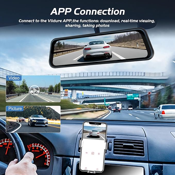 9.66 Inch Rear View Mirror Camera - 4K Mirror Dash Cam Front and Rear with 1080P Rear Camera - Full Touch Screen Mirror Camera for Car with WiFi&APP Control Parking Monitor Night Vision + 64GB Card