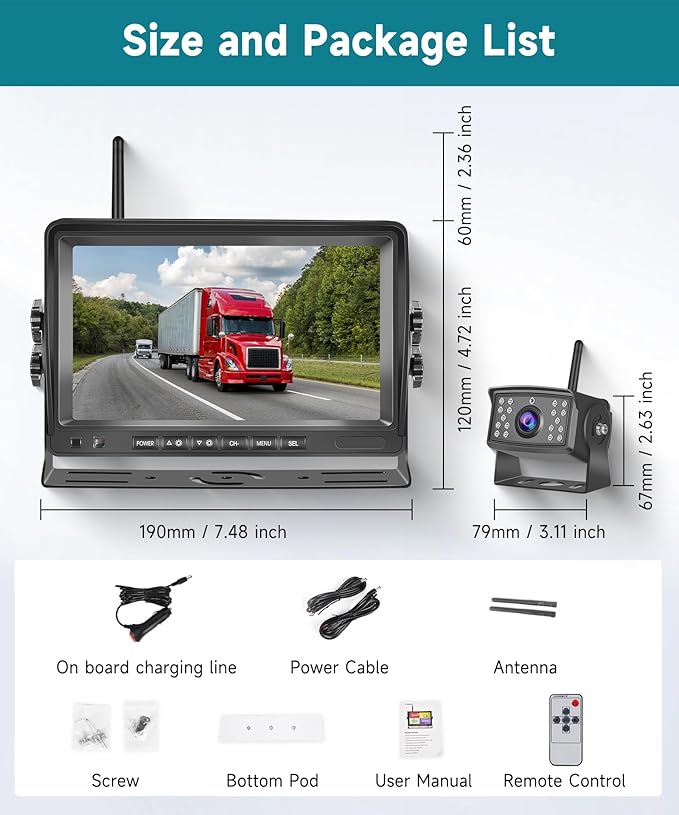 RV Wireless Backup Camera, 7" IPS Monitor +AHD Rear View Camera,Support Up to 4 Cameras DVR Image Flip, Wireless Back Up Camera 12V-36V for Truck/Trailer/RV/Camper/Excavator/Caravan