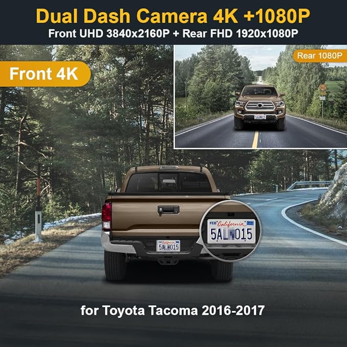 Fitcamx Front 4K+Rear 1080P Dash Cam Adapts for Toyota Tacoma 2016 2017 (12 Pin) HD2-6275, OEM Factory Look, Dual HD Video, Built-in WiFi & APP, Loop Recording, G-Sensor, Easy to Operate, 128GB Card