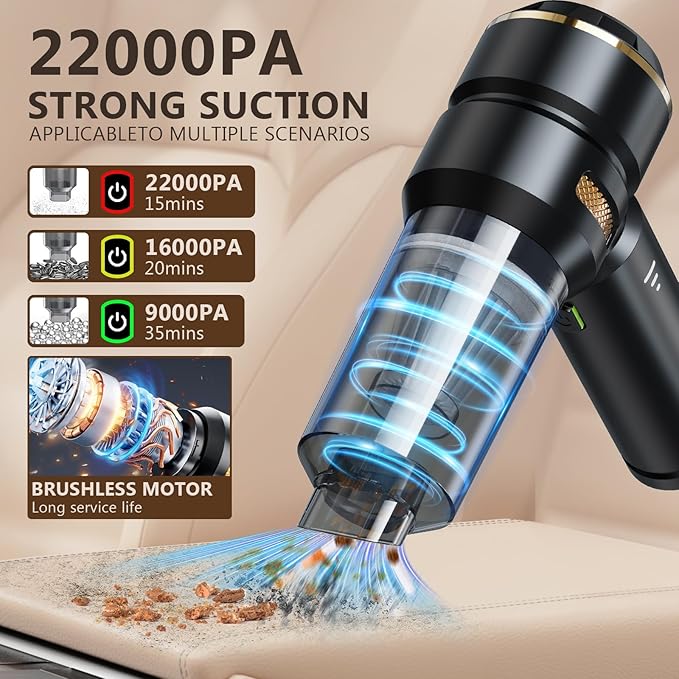 Cordless Handheld Car Vacuum, 22000Pa Strong Suction with Brushless Motor, HEPA Filter, Bonus Washable Metal Filter, 4-in-1 Kit with Air Blower, Type-C Rechargeable for Car Pet Home (Black)