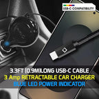 Cellet Retractable USB-C Car Charger – 15W Fast Charging, 3.3ft Cable, 3A Output, Blue LED Indicator – Compatible with Apple iPhone 15/16 Series & Samsung Android USB-C Devices – Compact, Tangle-Free