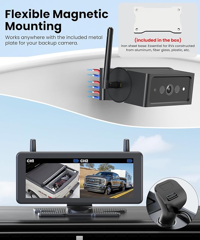 AUTO VOX Wireless Backup Camera Magnetic:Portable No Wiring 1 Min Install Trailer Hitch Camera,2-Channel HD 1080P Car Monitor & IR Night Vision Back Up Camera Systems for Truck,RV (7.2 inch Dual cam)