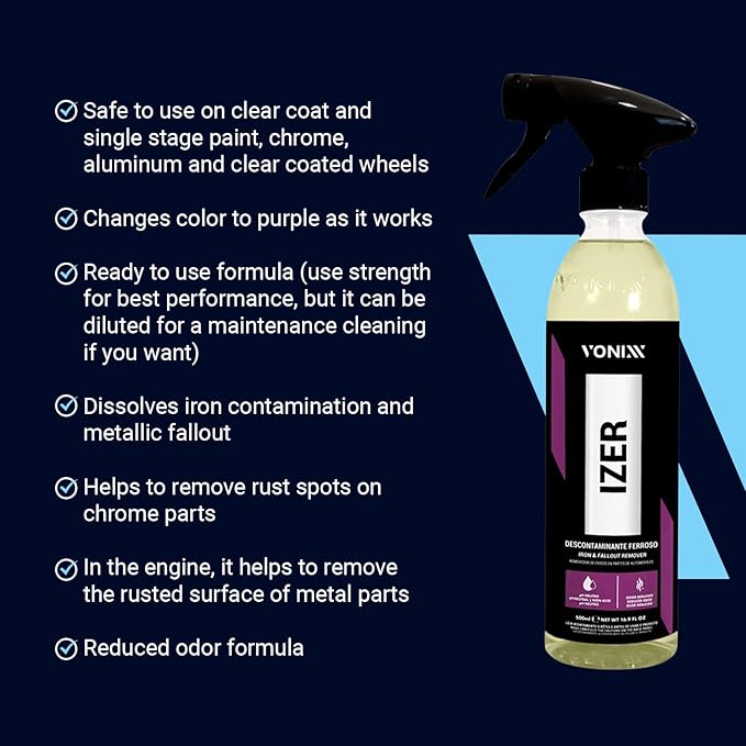 Vonixx Izer Iron Remover Spray | pH-Neutral, Non-Acidic Formula | Easy Application | Reduced Odor Formula | Keep Your Vehicle Looking Like New | Car detailing supplies | 16.9 fl oz (500 ml)