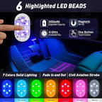 4Pcs Car LED Lights Interior Wireless, 7 Colors Interior Car Lights with 6 Bright LED Lamp Beads, Portable USB Rechargeable Car Interior Led Night Light for Car Decor
