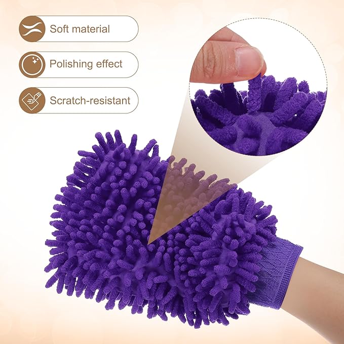 HARFINGTON Chenille Microfiber Car Wash Mitts 9.8" x 7.9" Scratch Free Wash Gloves Absorbent Double Sided Plush Cleaning Drying Mitts for Car Washing Home Purple