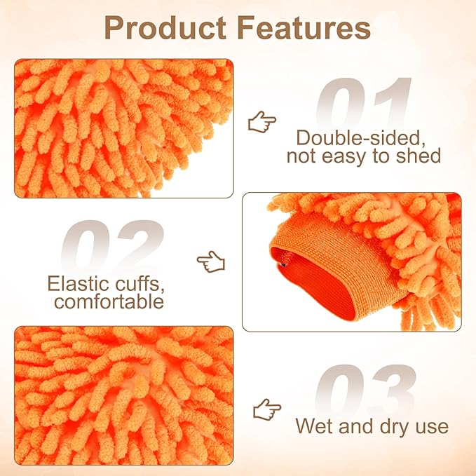 HARFINGTON Premium Chenille Microfiber Car Wash Mitts 9.8" x 7.9" Scratch Free Wash Gloves Absorbent Double Sided Plush Cleaning Drying Mitts for Car Washing Home Orange Yellow