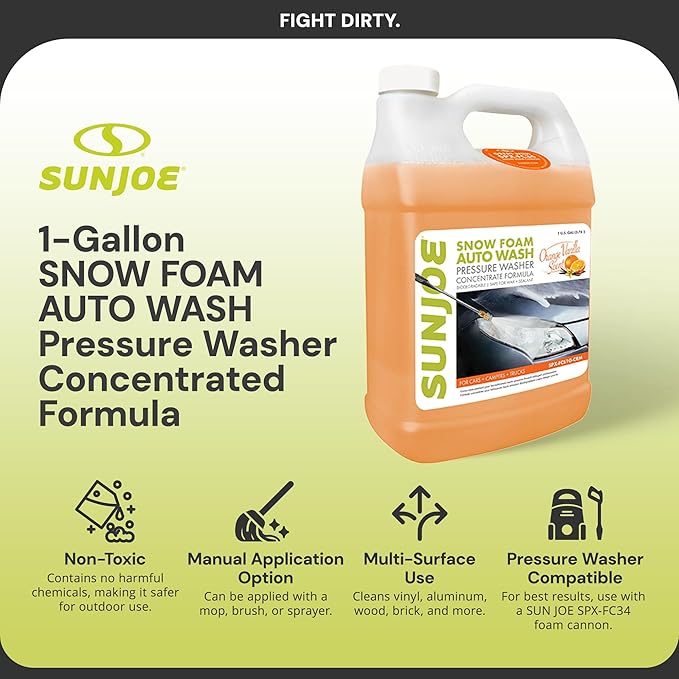 Sun Joe Snow Foam Car Wash Soap & Cleaner Concentrate, Orange Vanilla Scent, 1 Gallon - Cleaning Solution for Automotive Vehicles, Vinyl, Aluminum, Wood, & Brick Surfaces, SPX-FCS1G-COC