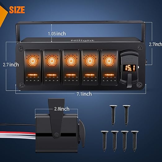 Nilight 5 Gang Rocker Switch Box 12V SPST ON Off Toggle Switches PD Type C and QC 3.0 USB Sockcet Voltmeter Orange LED Light Waterproof Aluminum Mount Bracket Panel DIY Stickers for Boat Car RV Truck