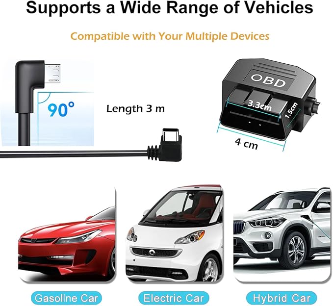 Dash Cam OBD Hardwire Kit, USB Type C Power Cable for Dash Camera 24 Hours Surveillance/Acc Mode for Dashcam Power Adapter with Low Voltage Protection 12-24V to 5V/3A