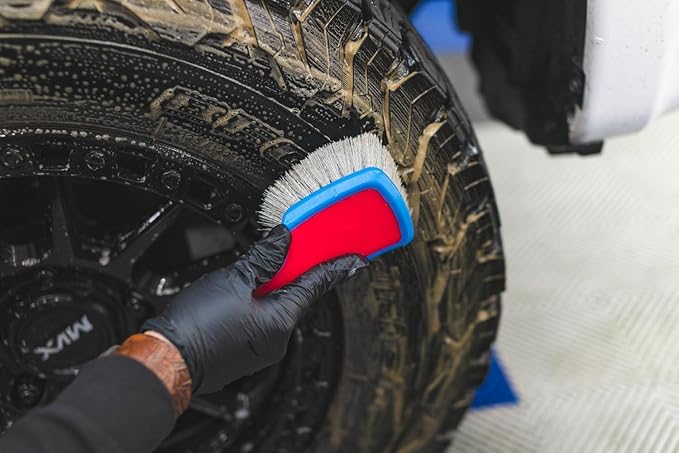 Detail Factory - ProGrip XL Tire Brush - Ergonomic ProGrip Handle, Stiff Synthetic Bristles, Ergonomic Design, Efficient Tire Brushes for Cleaning Tires - Solar Flare