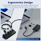 Qeefun 4-Port USB 3.0 Hub, Individual LED Power Switches, 5Gbps Data Transfer USB Splitter with 2ft Extension Cable, Multiple USB Extender for Laptop, PC, iMac, USB Flash Drives and More