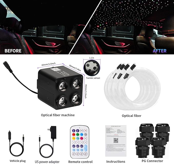 36W 4-Color RGBW Car Starlight Headliner Kit, 1000pcs0.03in9.8ft, Twinkle & Sound Activate 4-Port Fiber Optic Light Engine with Bluetooth APP&Remote Control, Star Lights for Car and Home