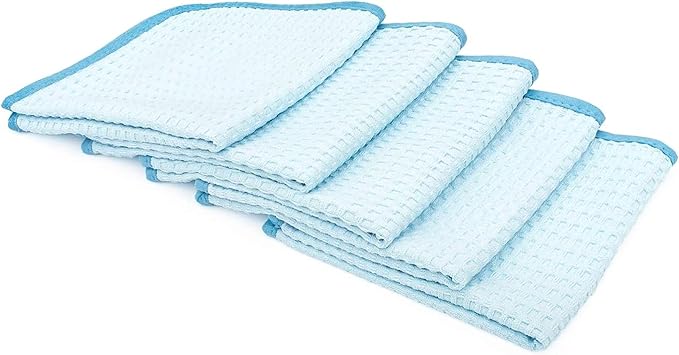 The Rag Company - Dry Me A River - Professional Korean 70/30 Blend Microfiber Waffle-Weave Drying & Detailing Towels, Soft Suede Edges, 390gsm, 16in x 16in, Light Blue (5-Pack)