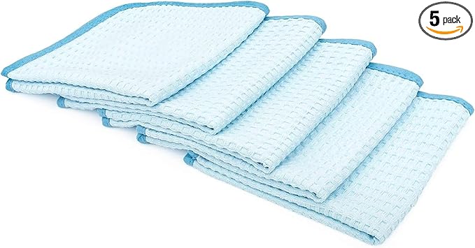 The Rag Company - Dry Me A River - Professional Korean 70/30 Blend Microfiber Waffle-Weave Drying & Detailing Towels, Soft Suede Edges, 390gsm, 16in x 16in, Light Blue (5-Pack)