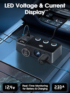 8 in 1 Cigarette Lighter Splitter, 120W Car Charger Adapter with PD 30W Type-C & QC3.0, 3-Socket Car Outlet with 5 USB Ports, LED Voltmeter, Independent Switches, 12V/24V Multi-Port Charger