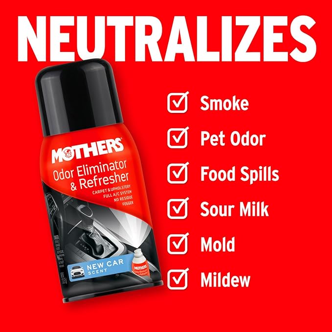 Mothers Odor Eliminator & Refresher, New Car Scent, 2 oz. Aerosol – Whole-Car Fogger Neutralizes Smoke, Pet, Food & Mildew Odors with CMM® Technology, Freshens Cabin & Vent Ducts (06811)