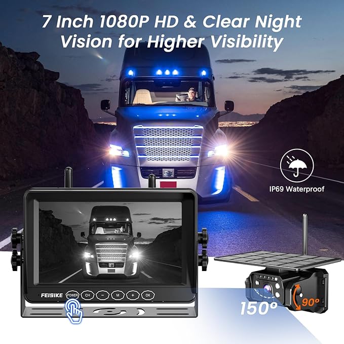 Magnetic Solar Wireless Backup Camera for RV Truck Trailer – 7" 1080P Monitor, 1-Min Install, No Delay, 150° Rearview Camera, IR Night Vision, Auto-Sleep, Rechargeable Battery Reverse Camera