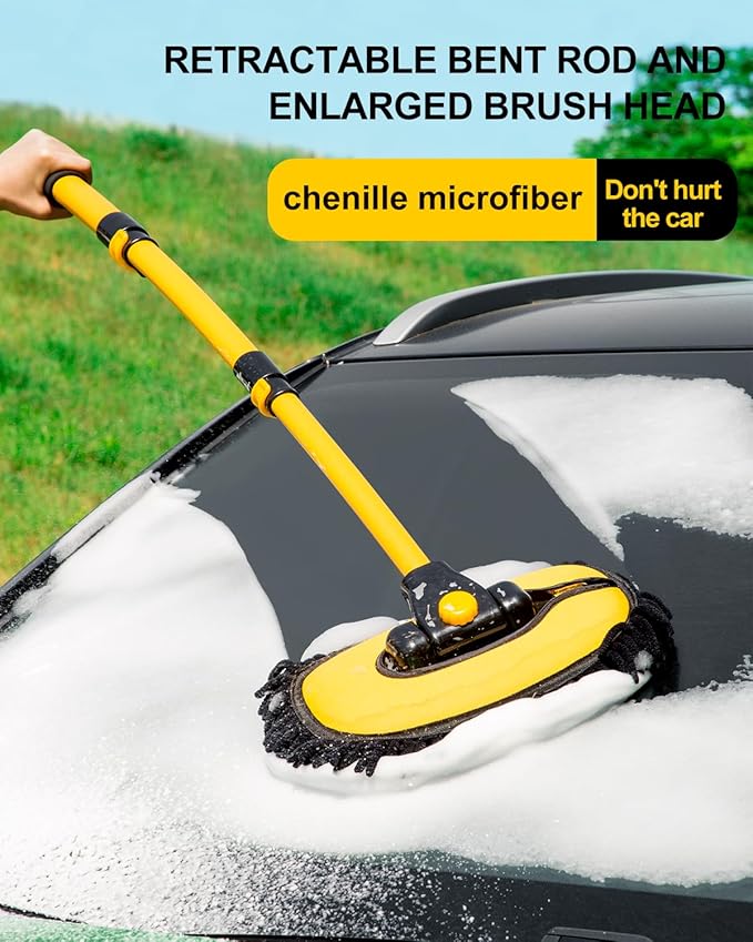 Car Wash Brush Kit, Wash Mop Extendable Extra-Long Handle and Wash Mitt Included, Great Cleaning Power, Scratch-Free Bristles for Car Care
