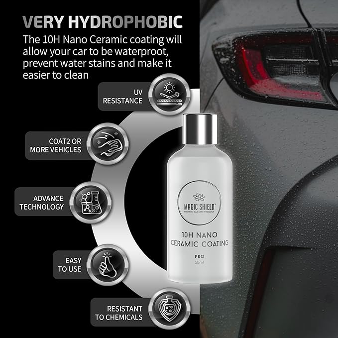 Magic Shield Ceramic Coating PRO 10H - Self-Healing | Long lasting for 2 cars+ | Advanced SiO2 Protection | Easy Application | Candy-Like Gloss | Perfect for Cars, Motorcycles, RVs, and Boats (50ml)