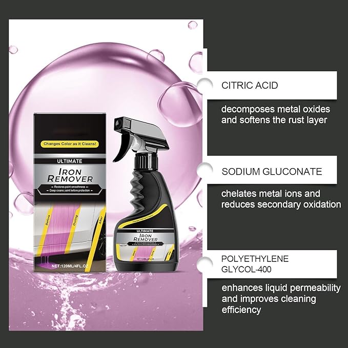 Iron Stain Cleaner, 120ml Professional Car Scratch Remover, Rust Protection Iron Dissolver, Rapid Removal of Surfaces Contaminants, for All Vehicle Paint Headlights Wheel Engine Chrome
