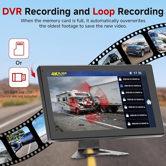 RV Backup Camera System - 10.1 Inch 4K Touchable 4 CH Monitor, 1080P IP69 Waterproof Wired Camera, DVR Loop Recording Bluetooth for Semi Truck Trailer Camper Pickup Bus