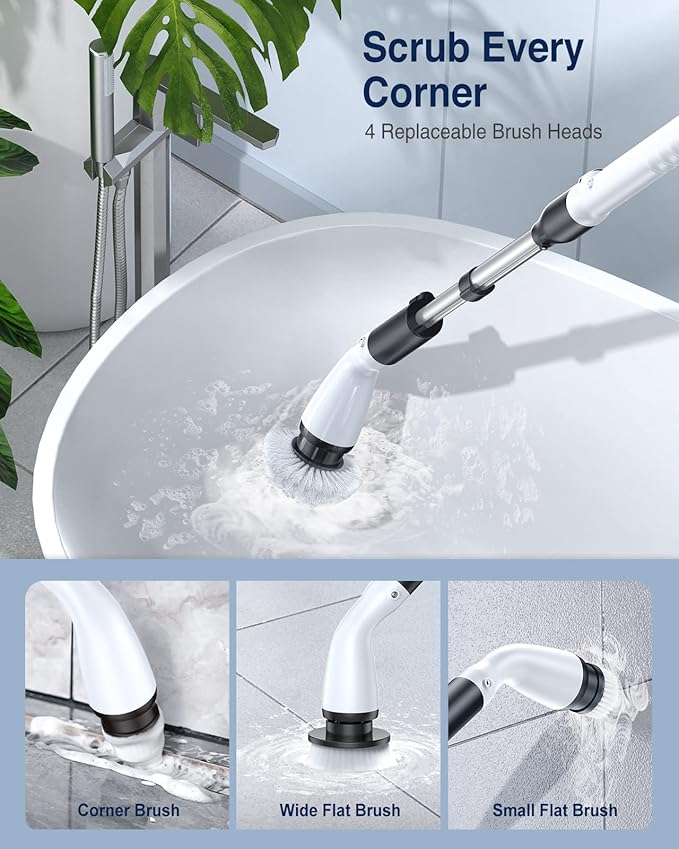 Electric Spin Scrubber, Cordless Cleaning Brush Scrubber with 7 Replaceable Brush Heads and Adjustable Extension Handle, IPX7 Waterproof Power Cleaning Brush for Bathroom Tub Floor Tile Shower