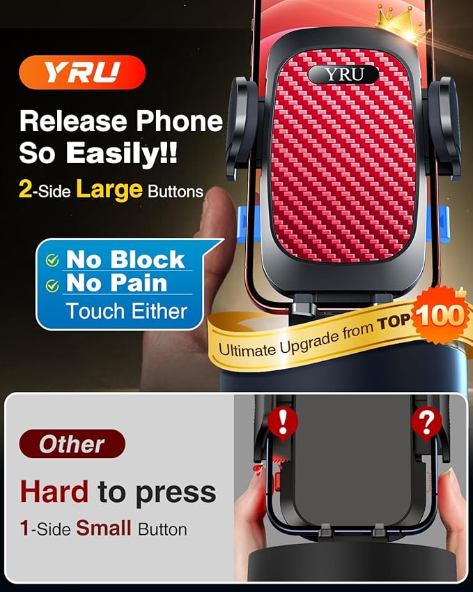 YRU True Military-Grade [360° Rotation Suction] 2026 Ultimate Car Phone Holder Mount 【90+LBS Safest Strongest & Patent Certs】 Dashboard Windshield Vent for iPhone 17 16 Pro Max Samsung, Red
