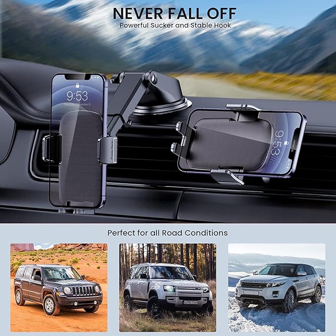 Qifutan Car Phone Holder Mount Phone Mount for Car Windshield/Dashboard/Air Vent Holder for iPhone & Android Smartphone, 360° Adjustable, Cell Phone Camera Mounts