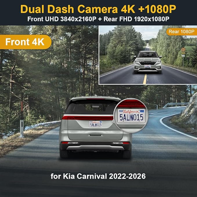 Fitcamx Front 4K+Rear 1080P Dash Cam Adapts for Kia Carnival 2022-2026 (Part No#R0100) LX LXS EX SX Prestige, OEM Look, Dual HD Video, Loop Recording, WiFi & APP, G-Sensor, Easy to Use, 128GB Card