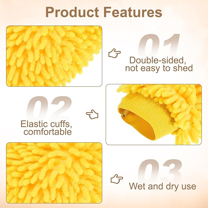 HARFINGTON Chenille Microfiber Car Wash Mitts 9.8" x 7.9" Scratch Free Wash Gloves Absorbent Double Sided Plush Cleaning Drying Mitts for Car Washing Home Yellow