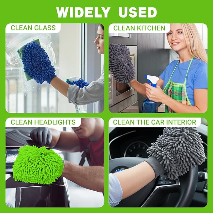 12 Pcs Car Wash Mitts, Scratch-Free Microfiber Chenille Glove Mitts for Auto Detailing, Lint-Free and Highly Absorbent, Double-Sided Plush Mitts in Green Blue Gray, 10.2 x 7.5 Inch
