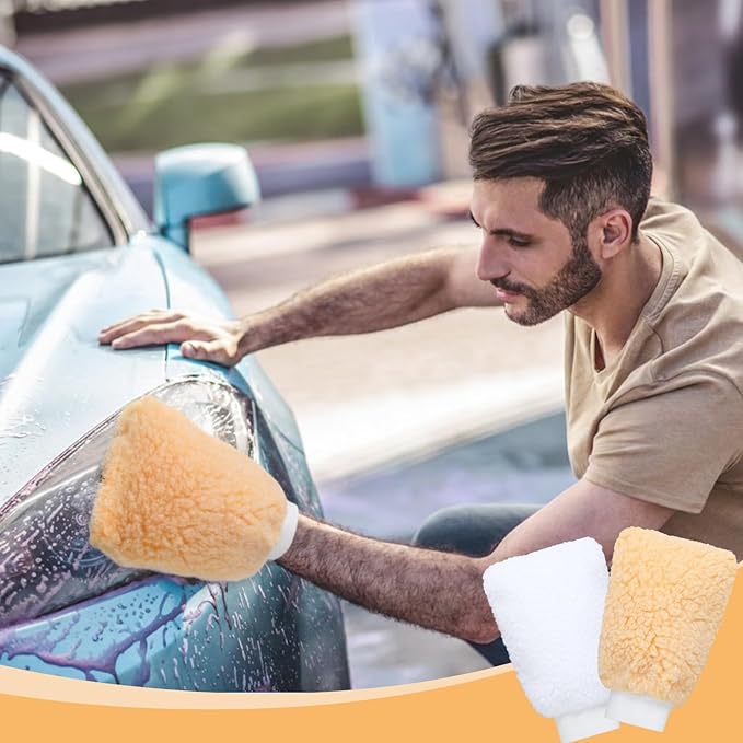 6 Pack Wool Car Wash Mitt, 9 x 6.3 Lambswool Wash Mitt Soft Imitation Professional Wool Cleaning Gloves for Car Detailing House Dusting Home Surface Care, Yellow & White