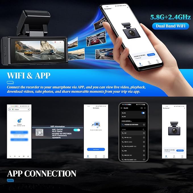 4K Dash Cam with WiFi & APP Control, 4K Front and 2.5K Rear, Dash Camera with ADAS,G-Sensor, 24 Hours Parking Mode, Loop Recording, Night Vision