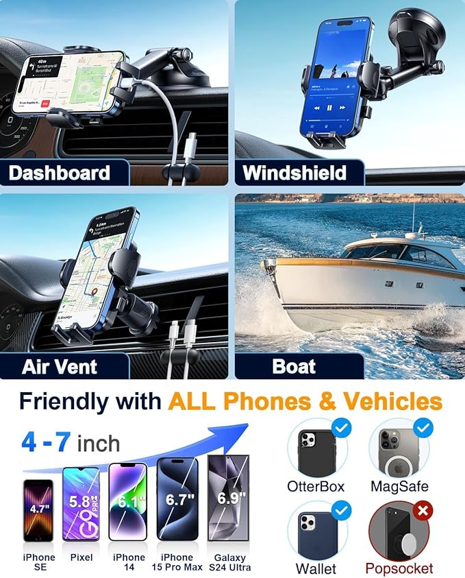 YRU True Military-Grade [360° Rotation Suction] 2026 Ultimate Car Phone Holder Mount 【90+LBS Safest Strongest & Patent Certs】 Dashboard Windshield Vent for iPhone 17 16 Pro Max Samsung, Red